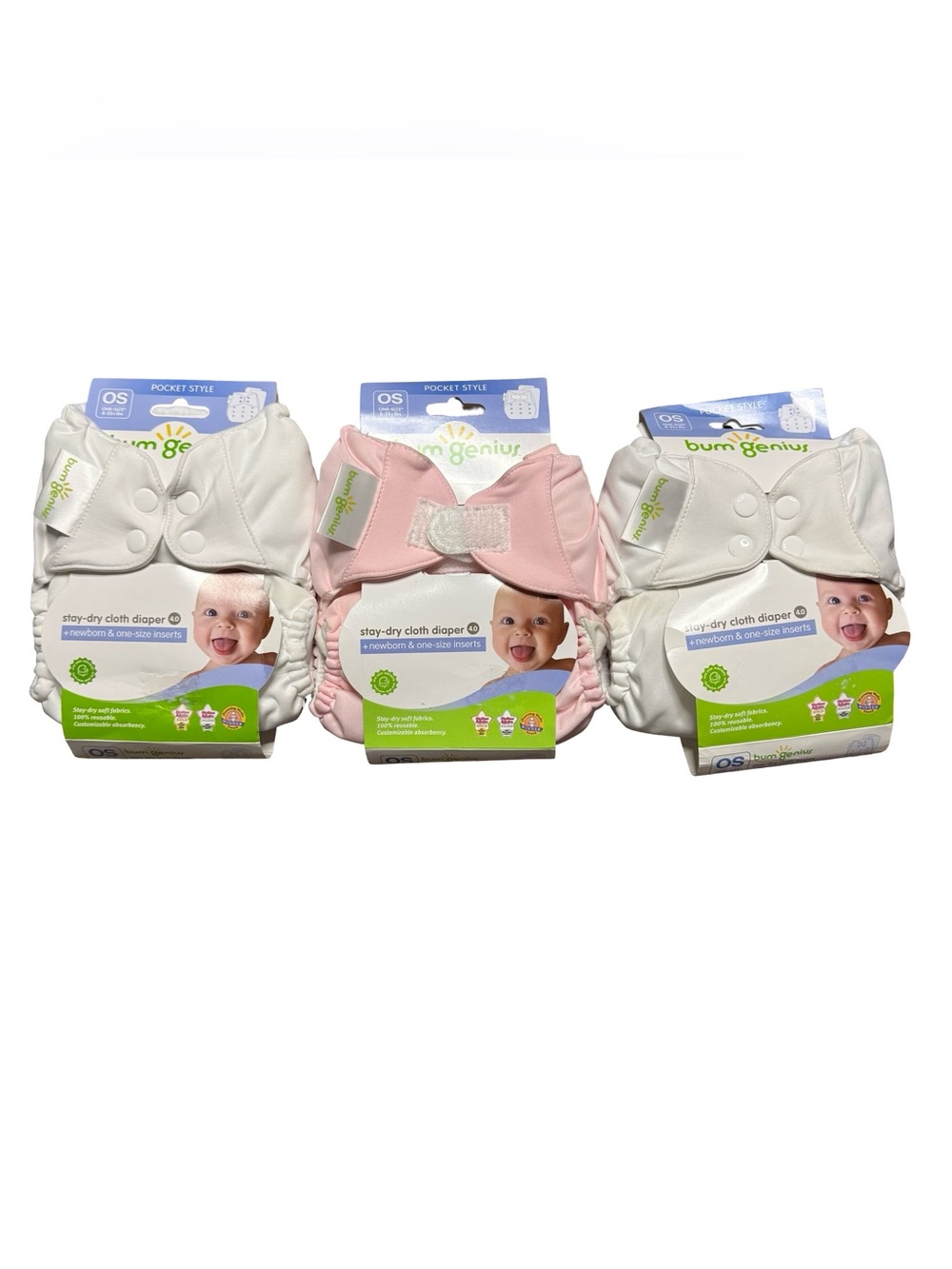 bumGenius Pocket Style Stay-Dry Cloth Diapers 2 White 1 Pink O/S 8-35 lbs new